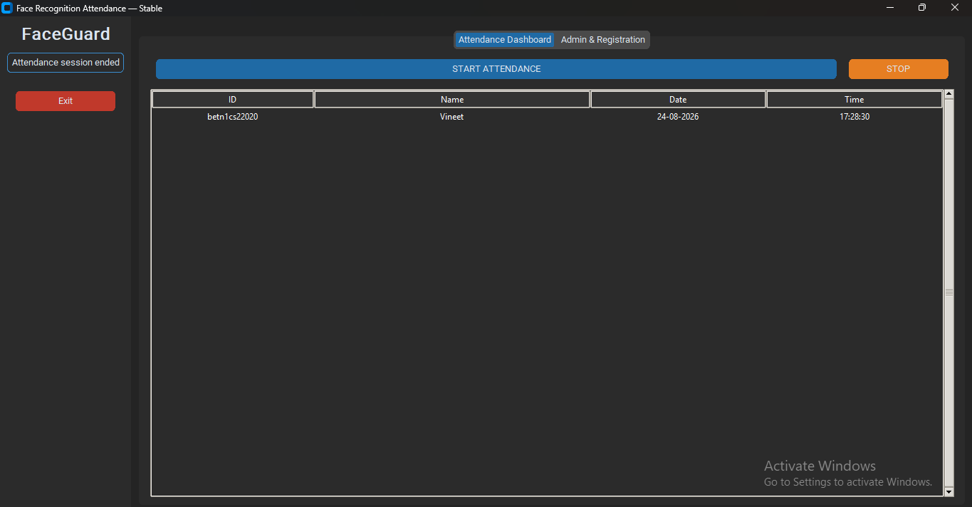 Face Attendance System live recognition interface