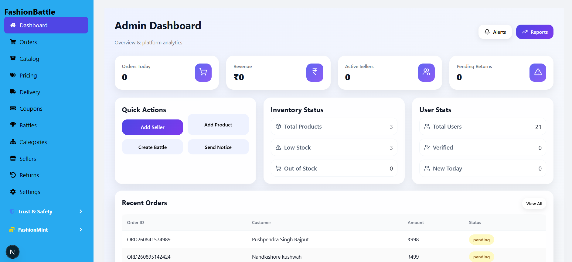 Admin console: seller approvals and platform-wide analytics